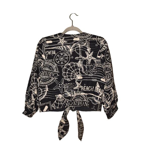 JOIE‎ $278 Navy Nautical Print Tie Front Button Down Linen Jacket Small - Picture 2 of 3